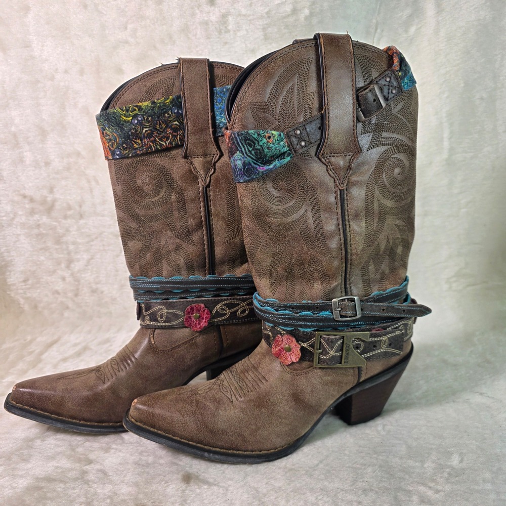 Durango Western Boots Brown Leather Embroidered Floral Straps Womens 6.5
